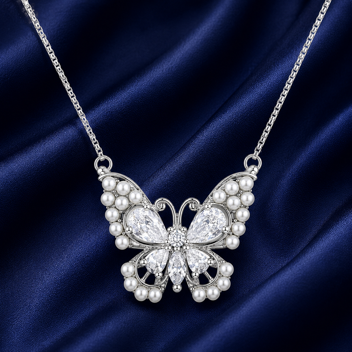925 Sterling Silver White Butterfly Pendant Necklace - Silver Finish - front view