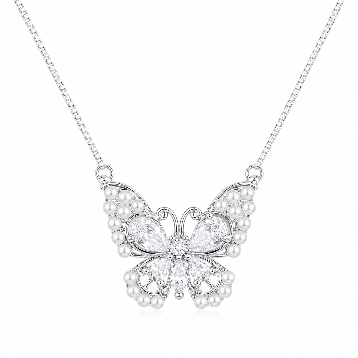 925 Sterling Silver White Butterfly Pendant Necklace - Silver Finish - alternate view