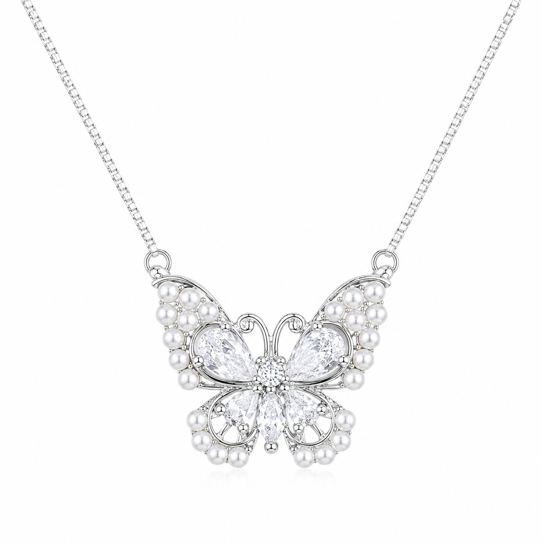 925 Sterling Silver White Butterfly Pendant Necklace - Silver Finish - alternate view