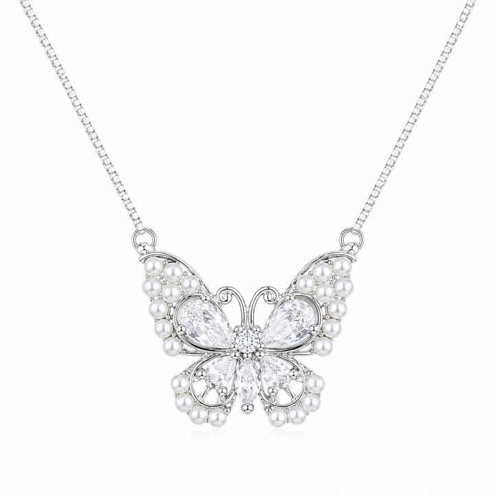 925 Sterling Silver White Butterfly Pendant Necklace - Silver Finish - alternate view