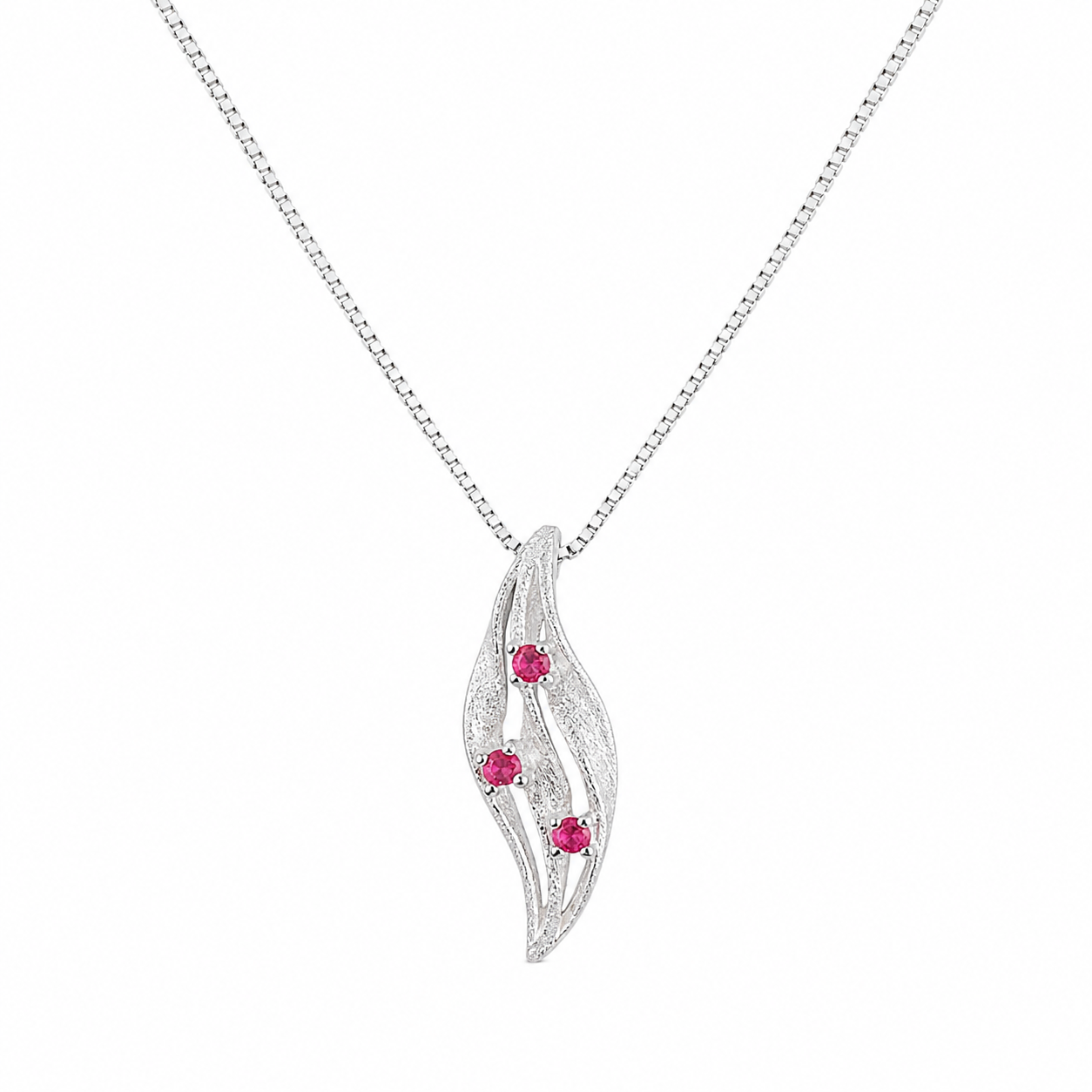 925 Sterling Silver Pink Leaf Drop Pendant Necklace - Silver Finish - front view