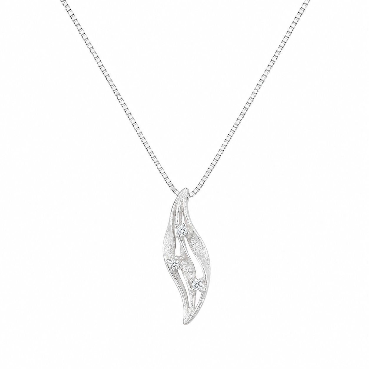 925 Sterling Silver White Leaf Drop Pendant Necklace - Silver Finish - front view