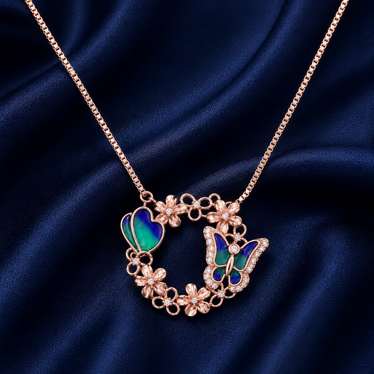 925 Sterling Silver Fan & Crescent Accent Pendant Necklace - Rose Gold Finish - front view