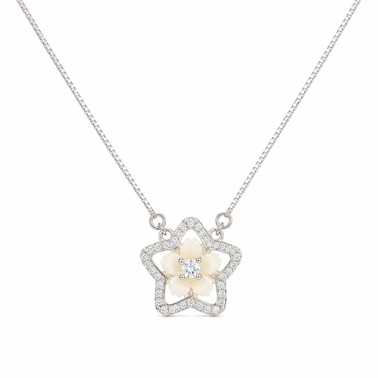 925 Sterling Silver Flower Outline Pendant Necklace - Silver Finish - front view
