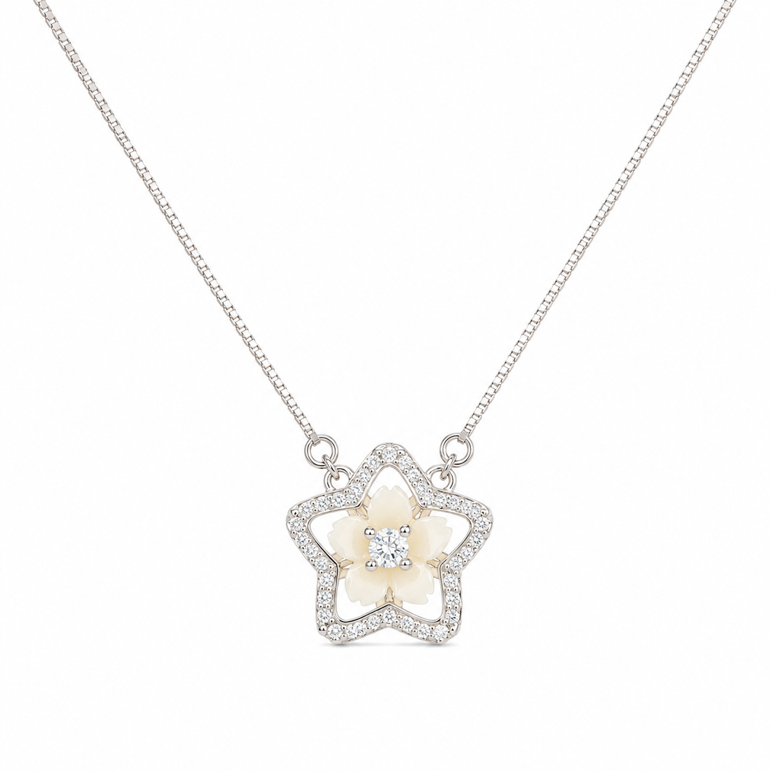 925 Sterling Silver Flower Outline Pendant Necklace - Silver Finish - front view