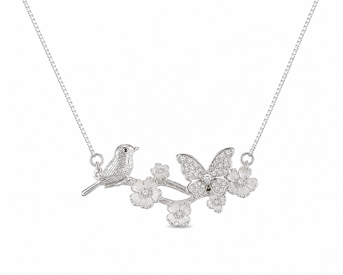 925 Sterling Silver Floral Branch Pendant Necklace - Silver Finish - front view