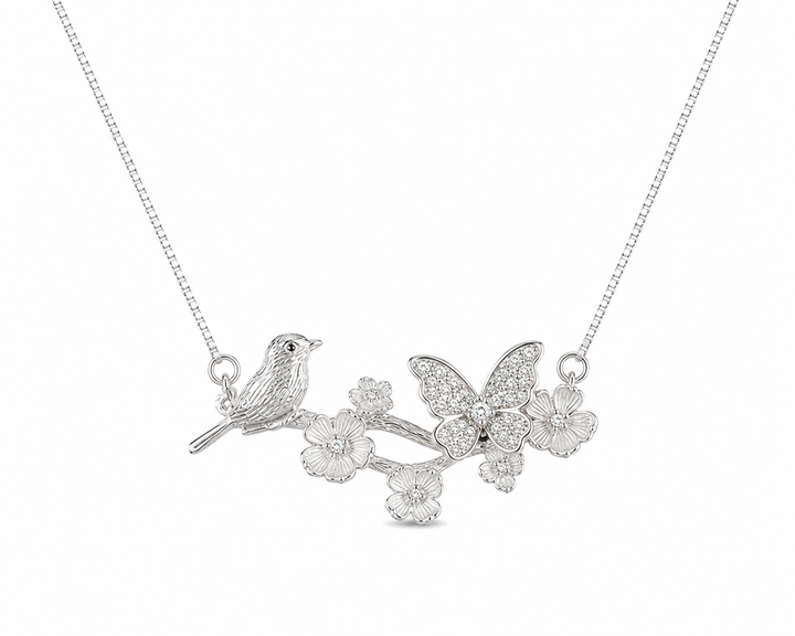925 Sterling Silver Floral Branch Pendant Necklace - Silver Finish - front view