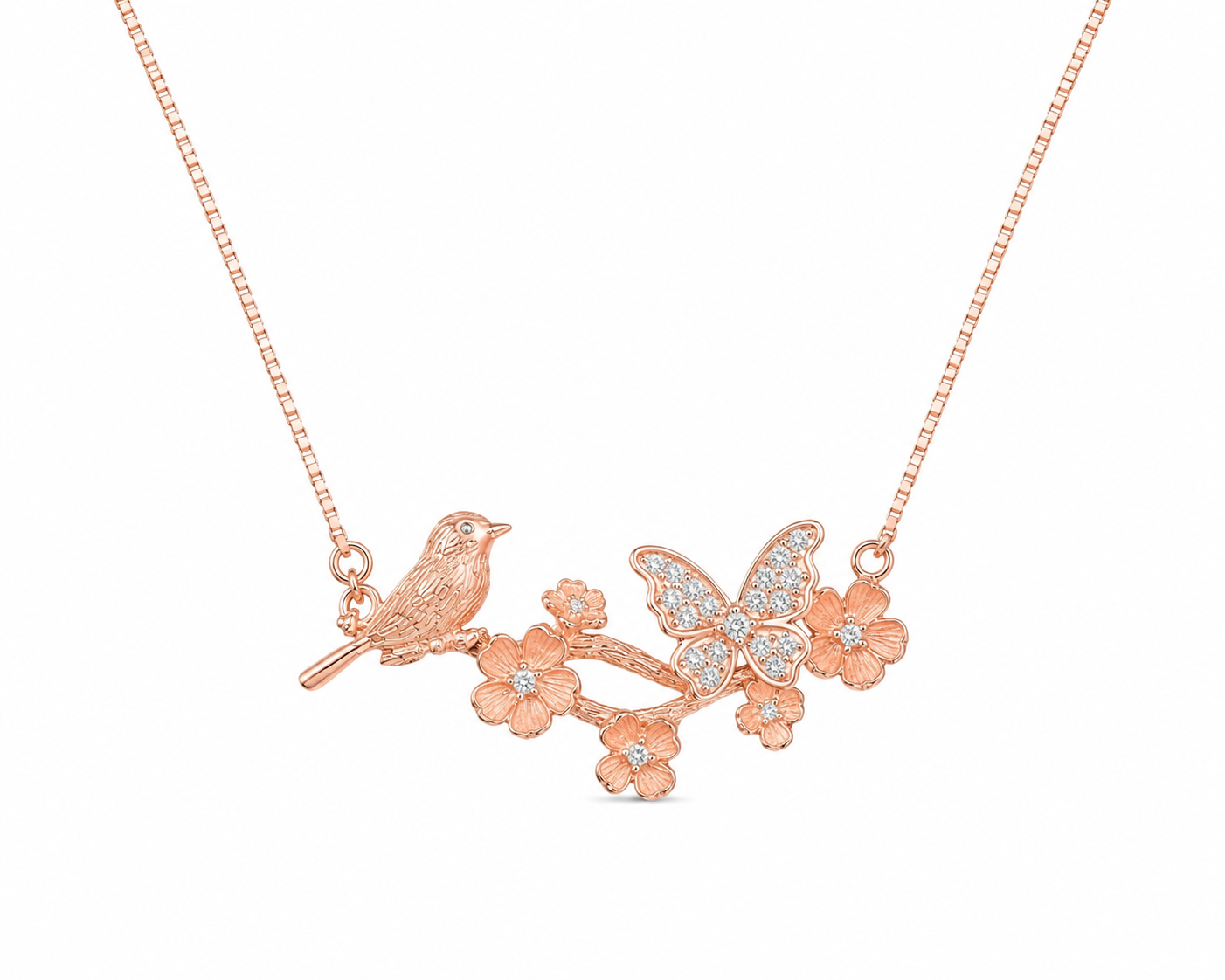 925 Sterling Silver Floral Branch Pendant Necklace - Rose Gold Finish - front view