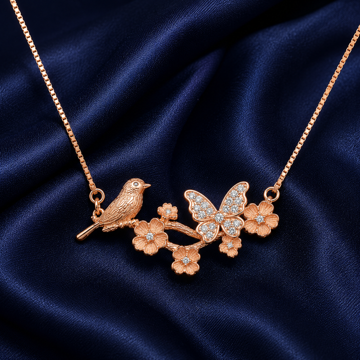 925 Sterling Silver Floral Branch Pendant Necklace - Rose Gold Finish - alternate view