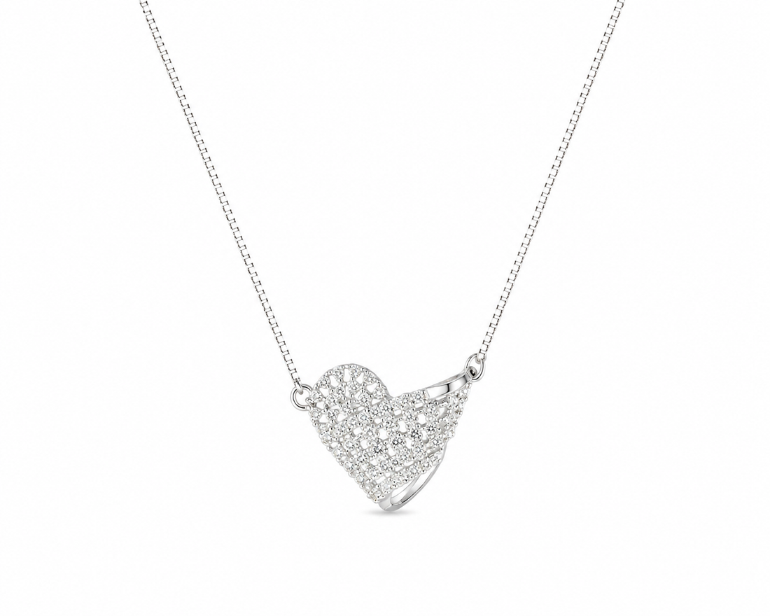 925 Sterling Silver Heart Leaf Cluster Pendant Necklace - Silver Finish - front view