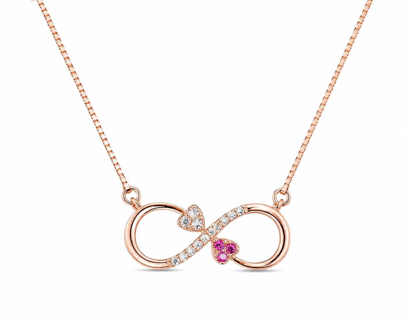 925 Sterling Silver Pink Infinity Pendant Necklace - Rose Gold Finish - front view