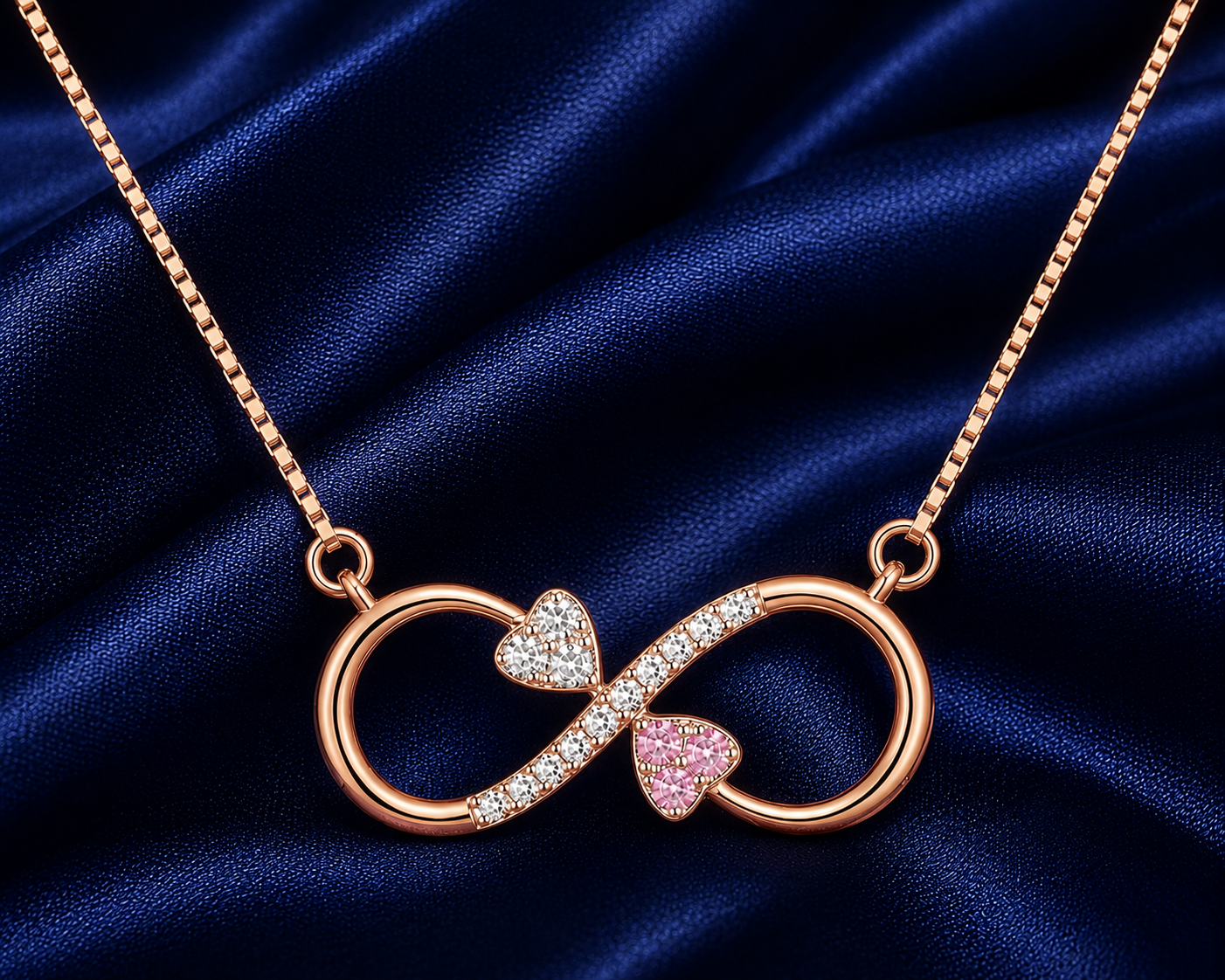 925 Sterling Silver Pink Infinity Pendant Necklace - Rose Gold Finish - front view
