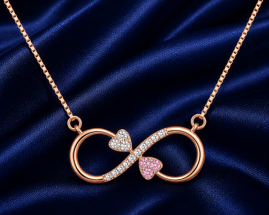 925 Sterling Silver Pink Infinity Pendant Necklace - Rose Gold Finish - front view