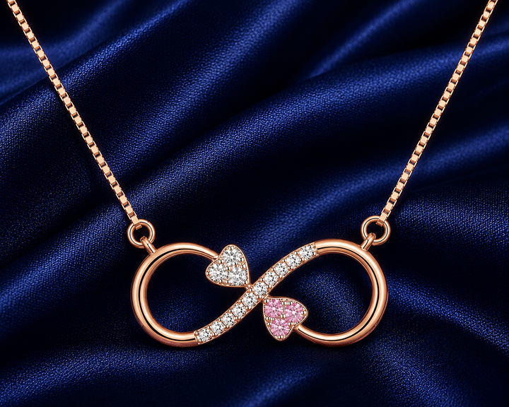 925 Sterling Silver Pink Infinity Pendant Necklace - Rose Gold Finish - front view