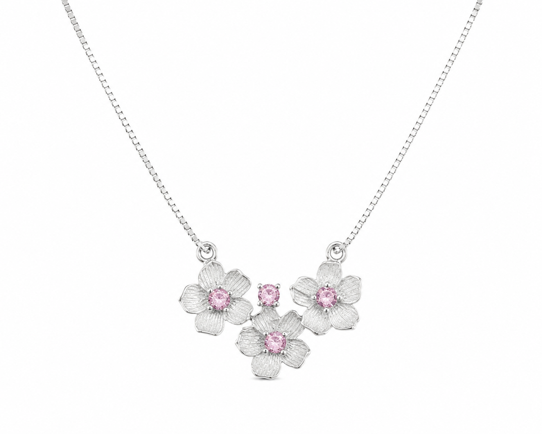 925 Sterling Silver Floral Bow Cluster Pendant Necklace - Silver Finish - front view