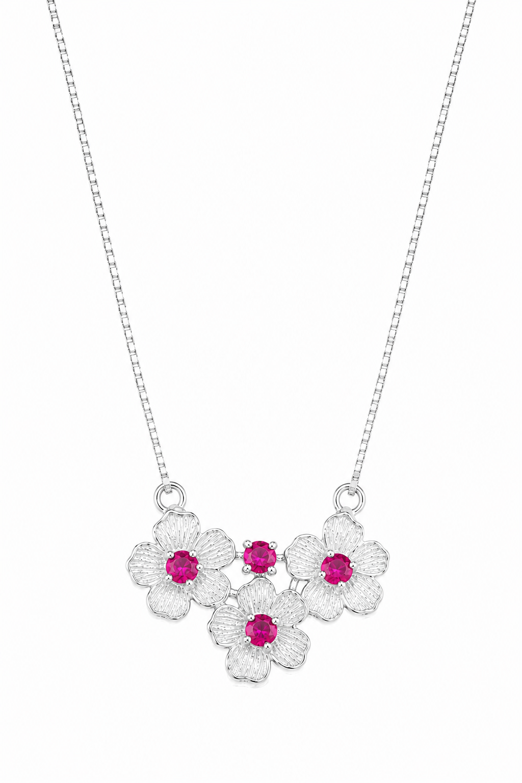 925 Sterling Silver Pink Triple-Stone Cluster Pendant Necklace - Silver Finish - front view