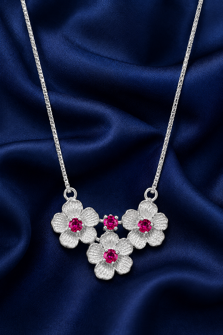 925 Sterling Silver Pink Triple-Stone Cluster Pendant Necklace - Silver Finish - alternate view