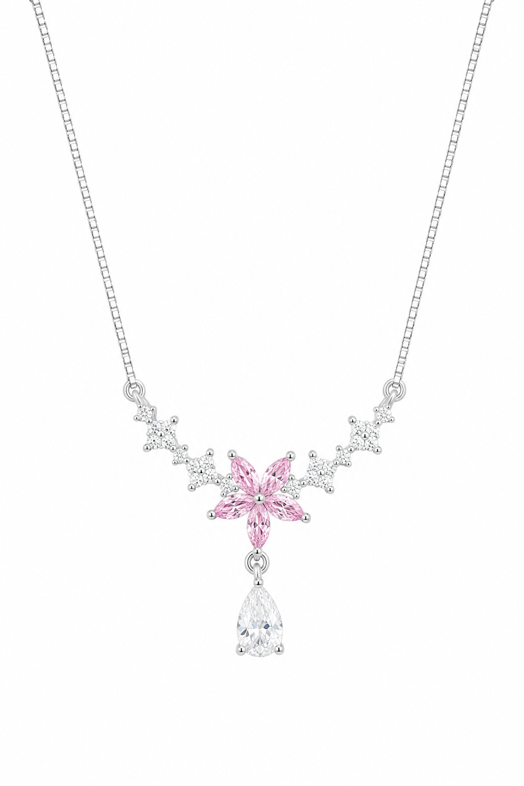 925 Sterling Silver Pink Station Drop Pendant Necklace - Silver Finish - front view
