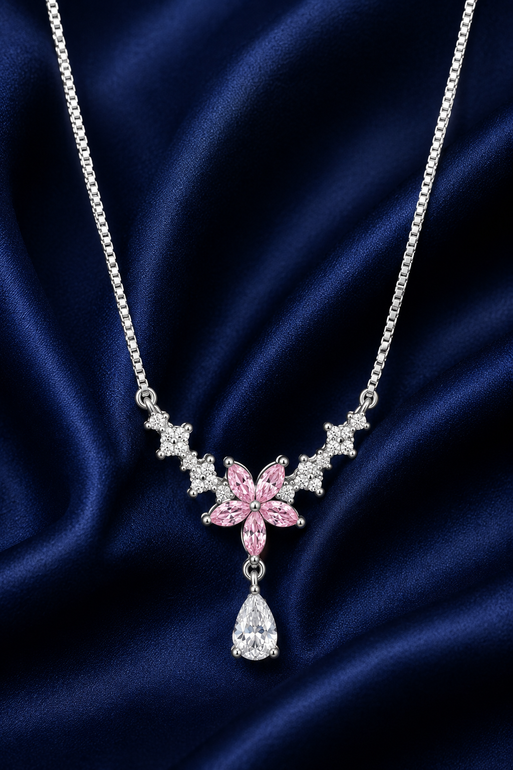 925 Sterling Silver Pink Station Drop Pendant Necklace - Silver Finish - alternate view