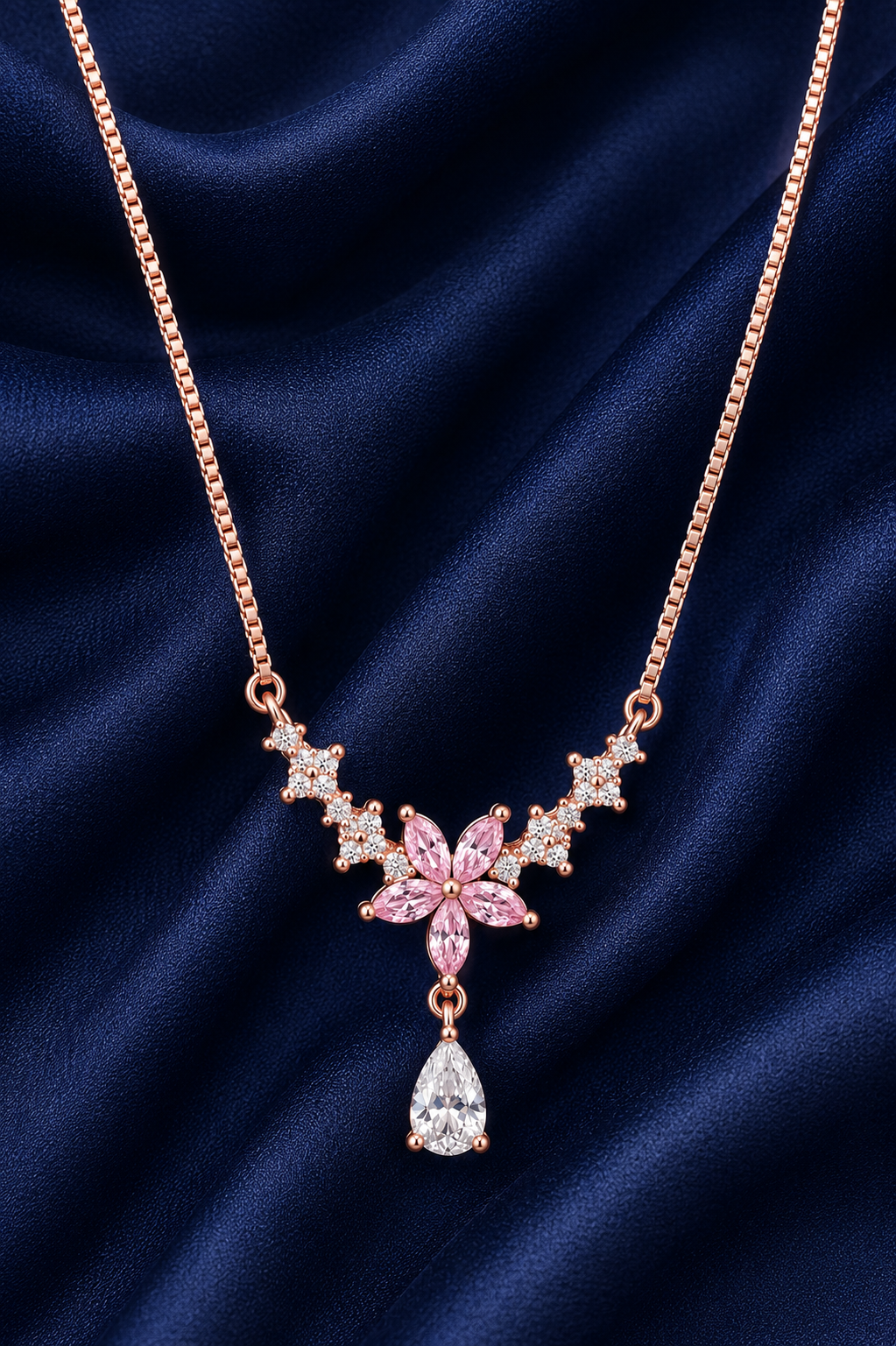 925 Sterling Silver Pink Y-Drop Starburst Pendant Necklace - Rose Gold Finish - front view