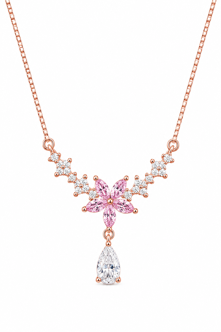 925 Sterling Silver Pink Y-Drop Starburst Pendant Necklace - Rose Gold Finish - alternate view