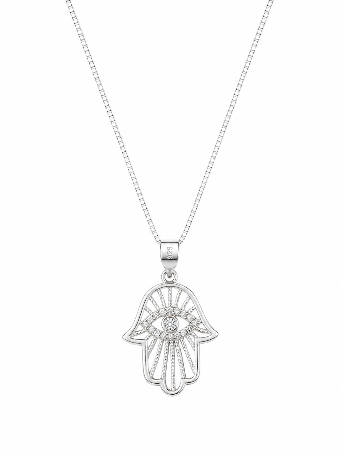 925 Sterling Silver Hamsa Hand Pendant Necklace - Silver Finish - front view