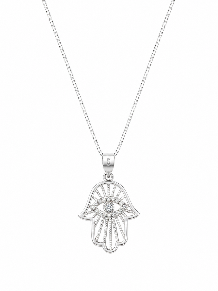 925 Sterling Silver Hamsa Hand Pendant Necklace - Silver Finish - front view