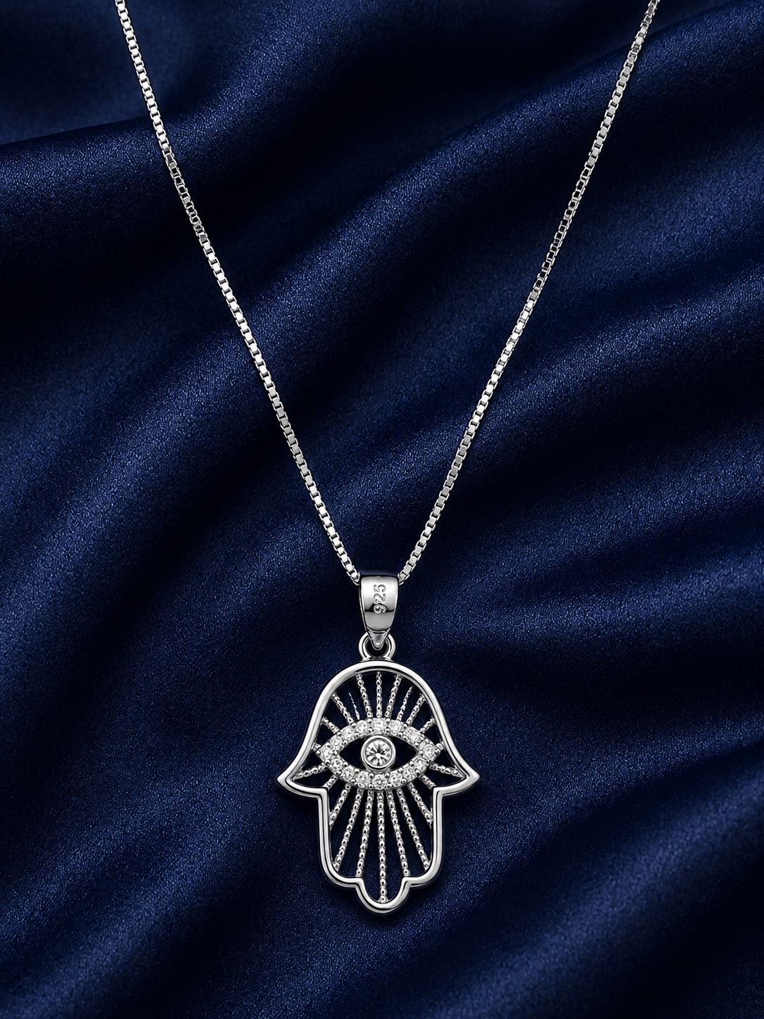 925 Sterling Silver Hamsa Hand Pendant Necklace - Silver Finish - alternate view