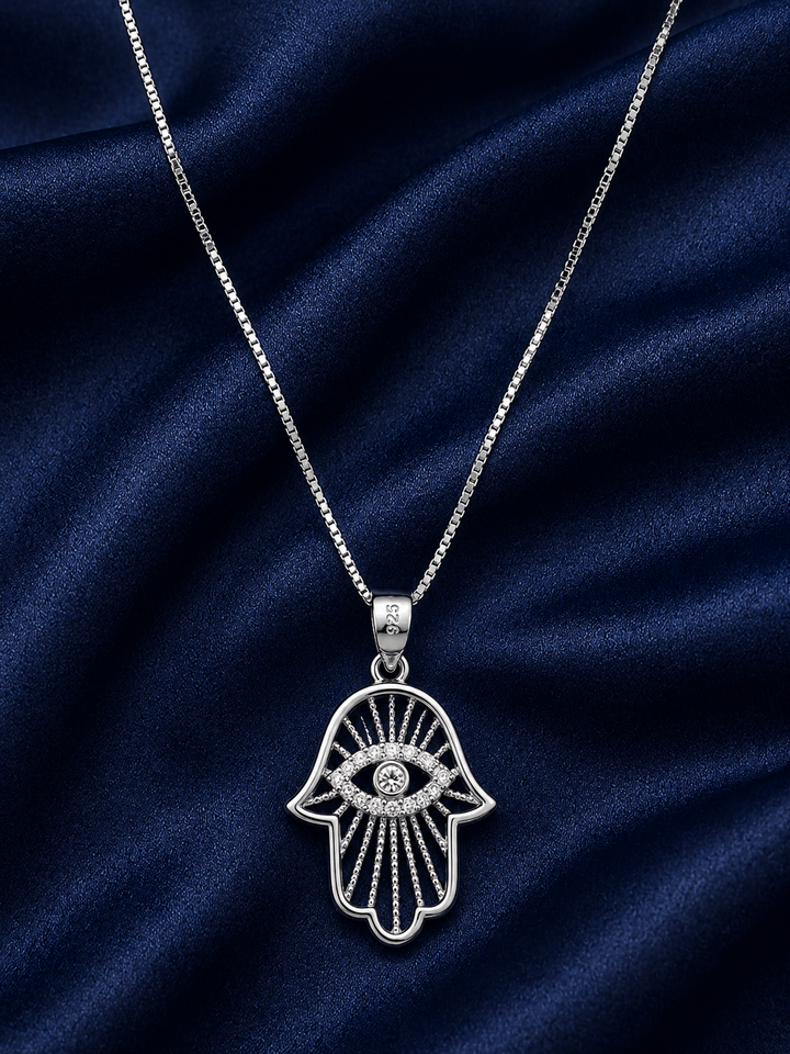 925 Sterling Silver Hamsa Hand Pendant Necklace - Silver Finish - alternate view