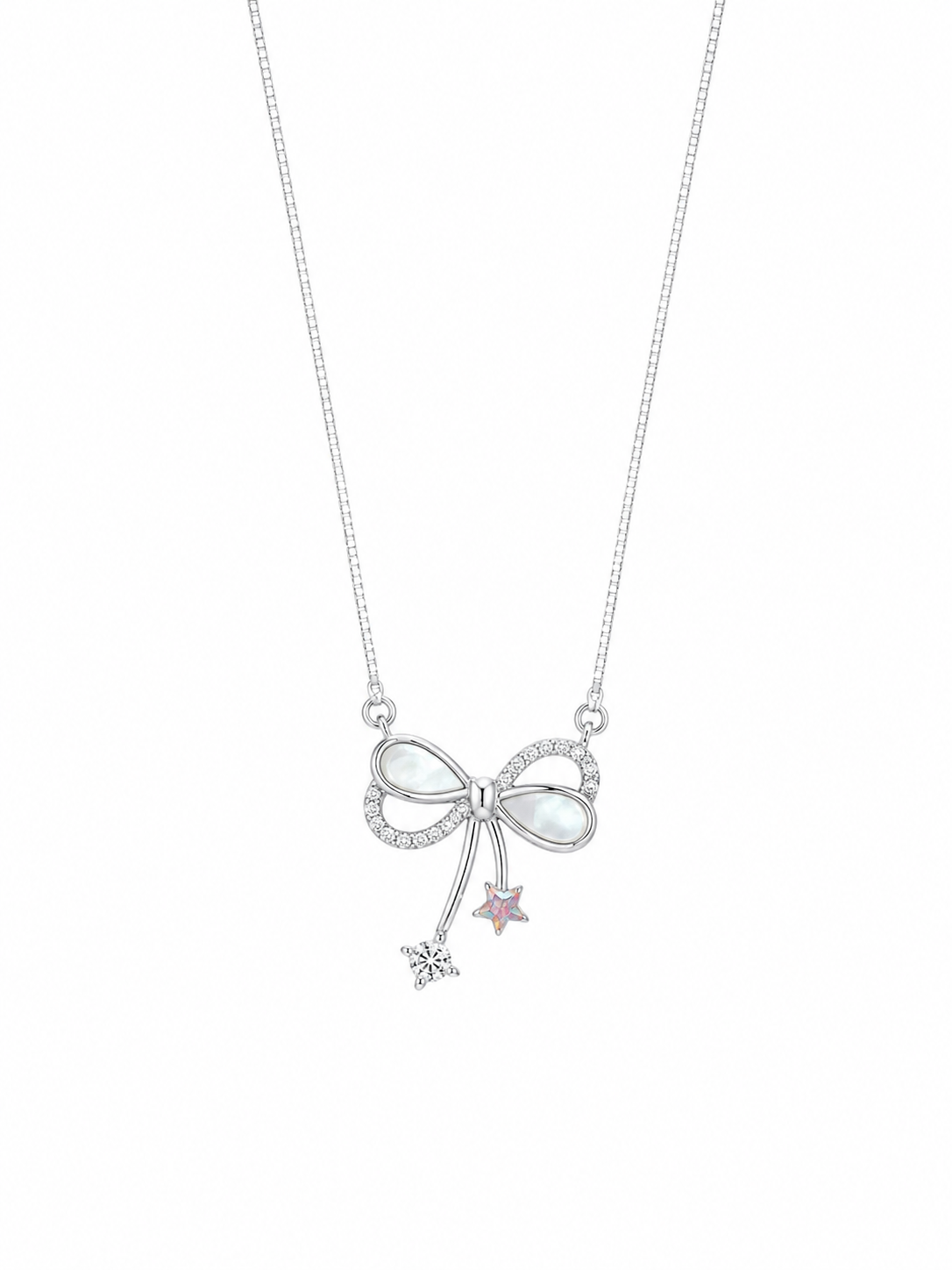 925 Sterling Silver Bow & Leaf Pendant Necklace - Silver Finish - front view