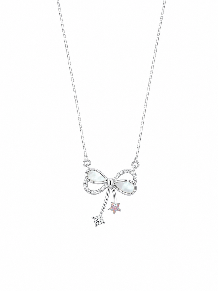 925 Sterling Silver Bow & Leaf Pendant Necklace - Silver Finish - front view