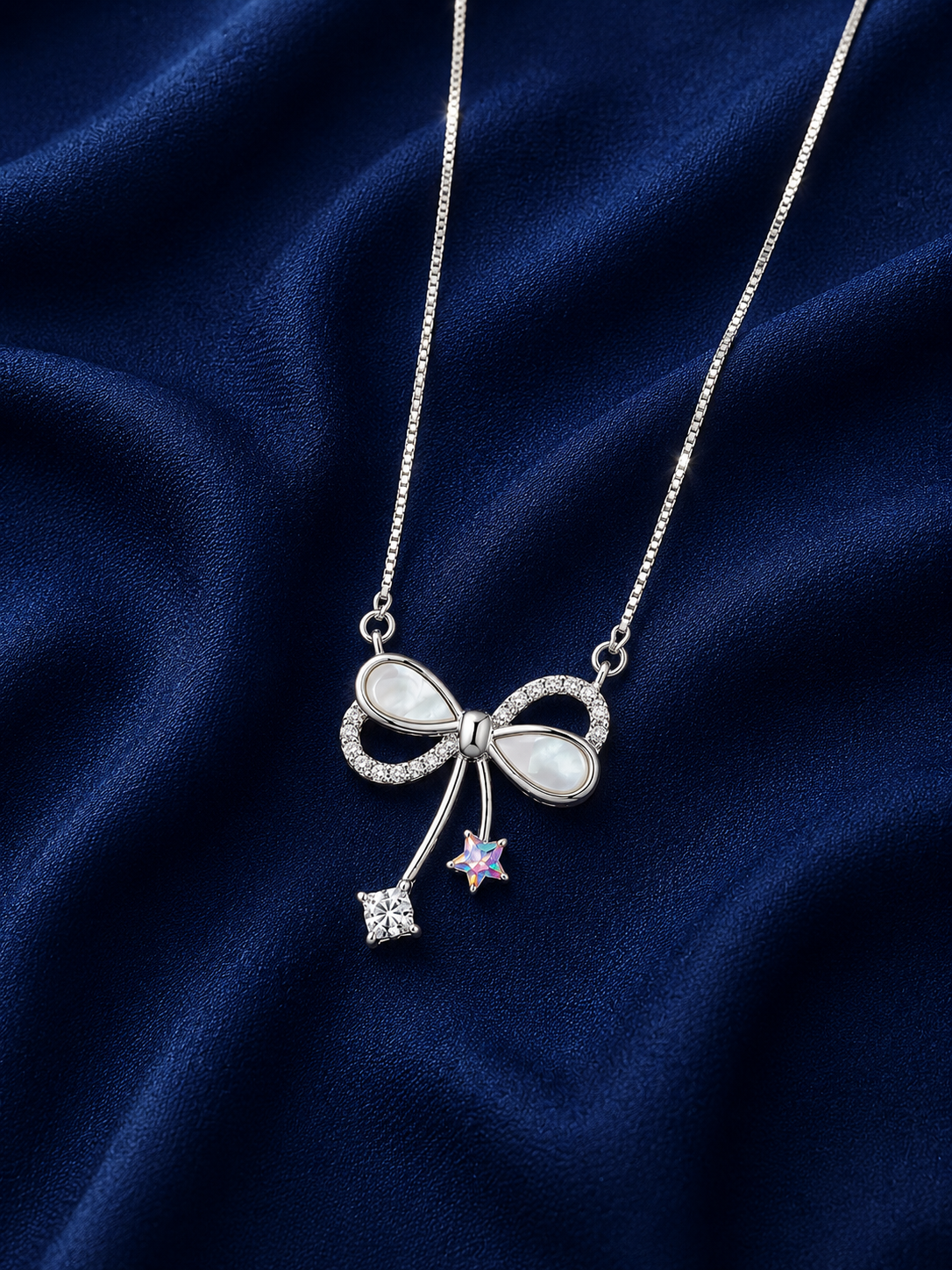 925 Sterling Silver Bow & Leaf Pendant Necklace - Silver Finish - alternate view