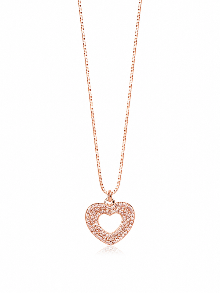 925 Sterling Silver Heart Outline Pendant Necklace - Rose Gold Finish - front view