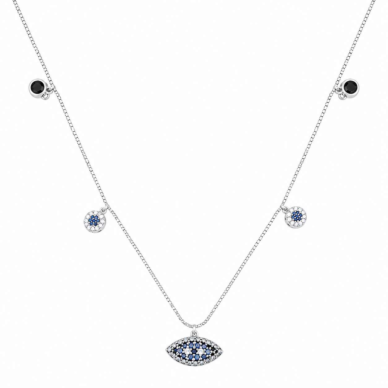 925 Sterling Silver Black Bead Station Pendant Necklace - Silver Finish - front view
