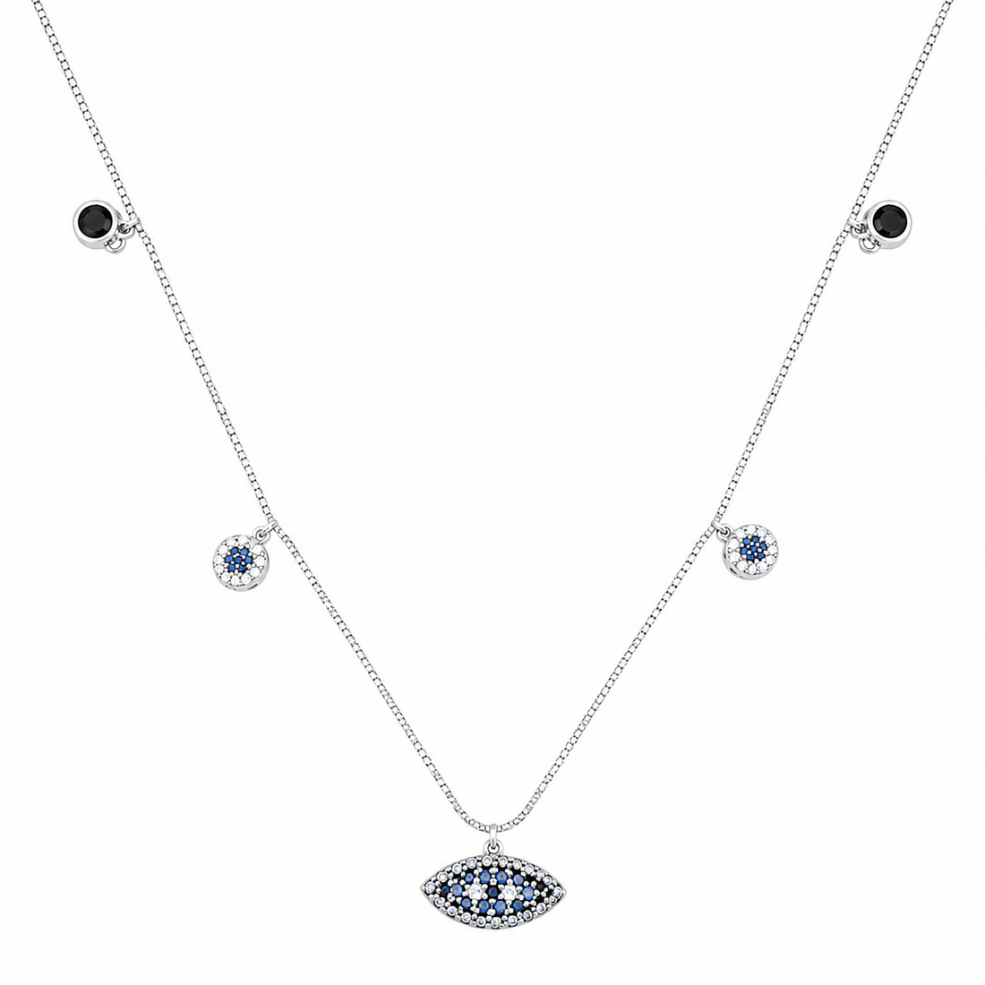 925 Sterling Silver Black Bead Station Pendant Necklace - Silver Finish - front view