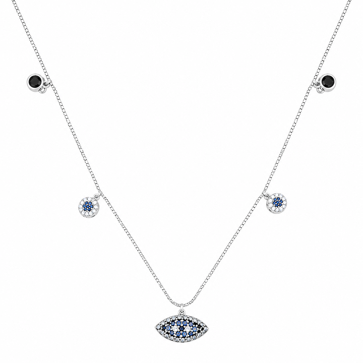 925 Sterling Silver Black Bead Station Pendant Necklace - Silver Finish - front view