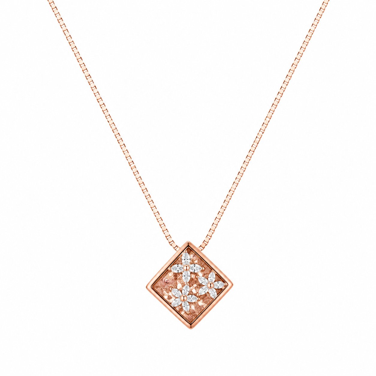925 Sterling Silver Square Diamond Medallion Pendant Necklace - Rose Gold Finish - front view