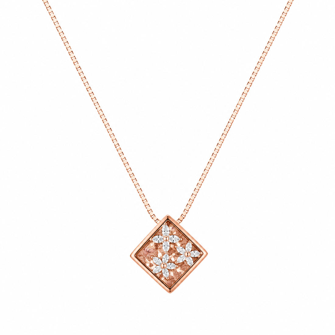 925 Sterling Silver Square Diamond Medallion Pendant Necklace - Rose Gold Finish - front view