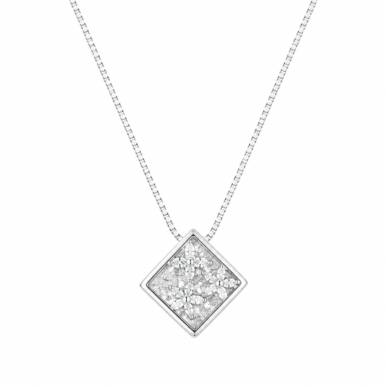 925 Sterling Silver Square Diamond Medallion Pendant Necklace - Silver Finish - front view