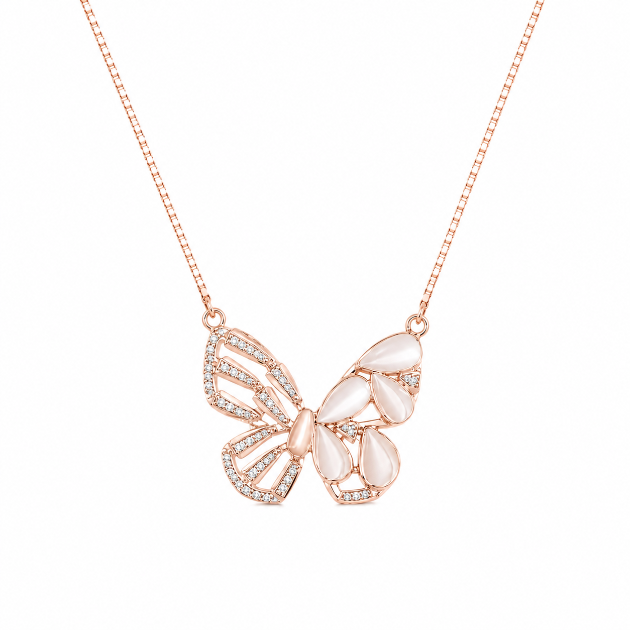 925 Sterling Silver Butterfly Pendant Necklace - Rose Gold Finish - front view