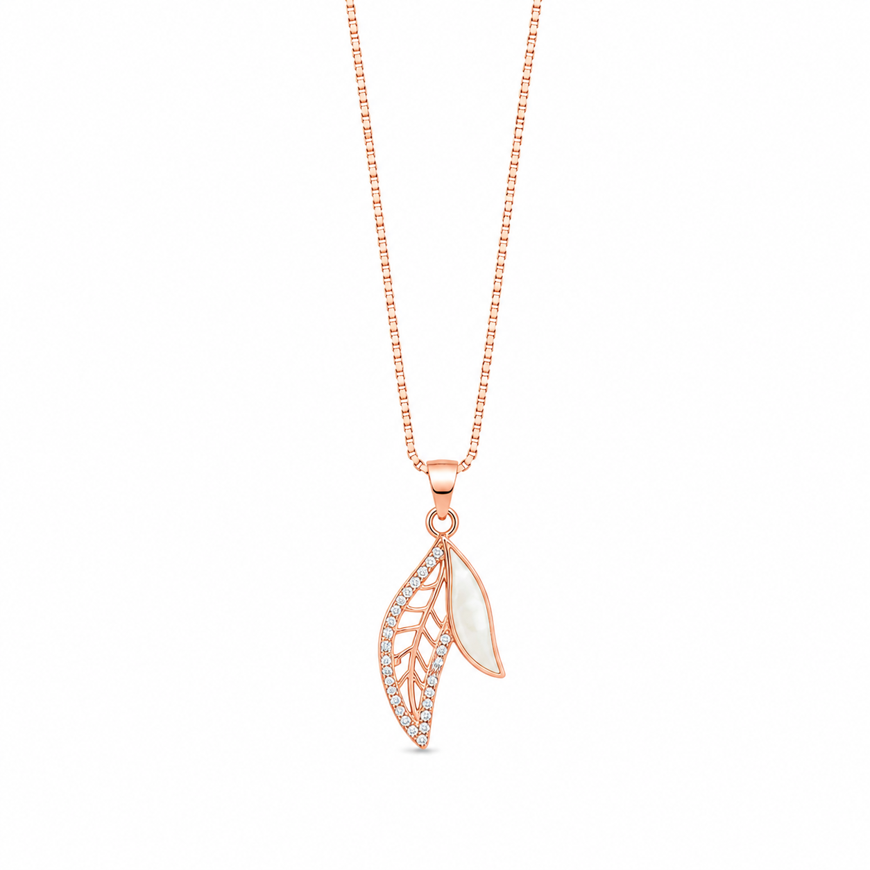 925 Sterling Silver Slim Leaf Drop Pendant Necklace - Rose Gold Finish - front view