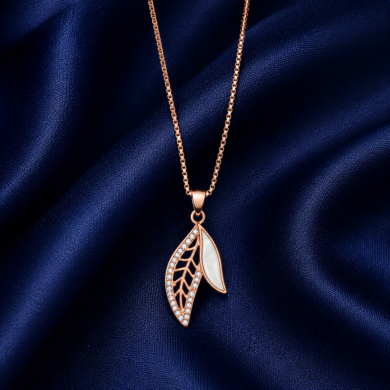 925 Sterling Silver Slim Leaf Drop Pendant Necklace - Rose Gold Finish - alternate view