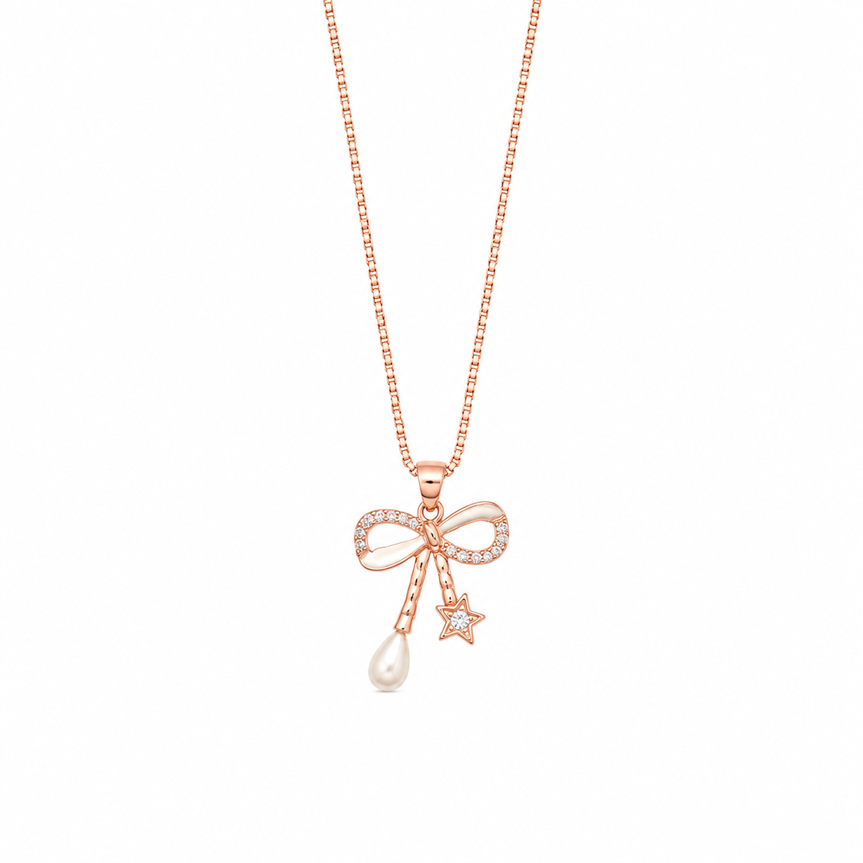 925 Sterling Silver Bow Infinity Pendant Necklace - Rose Gold Finish - front view