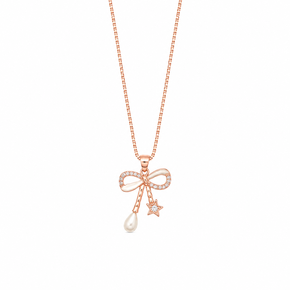 925 Sterling Silver Bow Infinity Pendant Necklace - Rose Gold Finish - front view