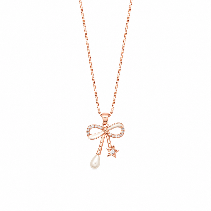 925 Sterling Silver Bow Infinity Pendant Necklace - Rose Gold Finish - front view