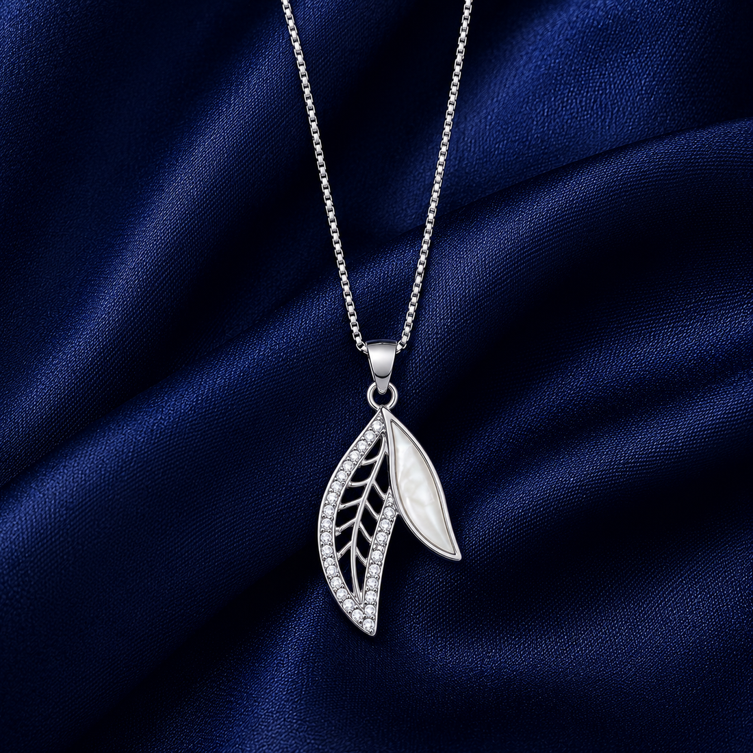 925 Sterling Silver Feather Leaf Pendant Necklace - Silver Finish - front view