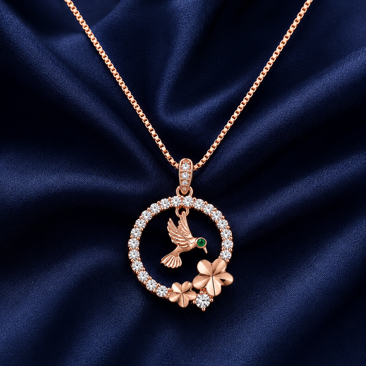 925 Sterling Silver Crescent Moon & Star Pendant Necklace - Rose Gold Finish - front view