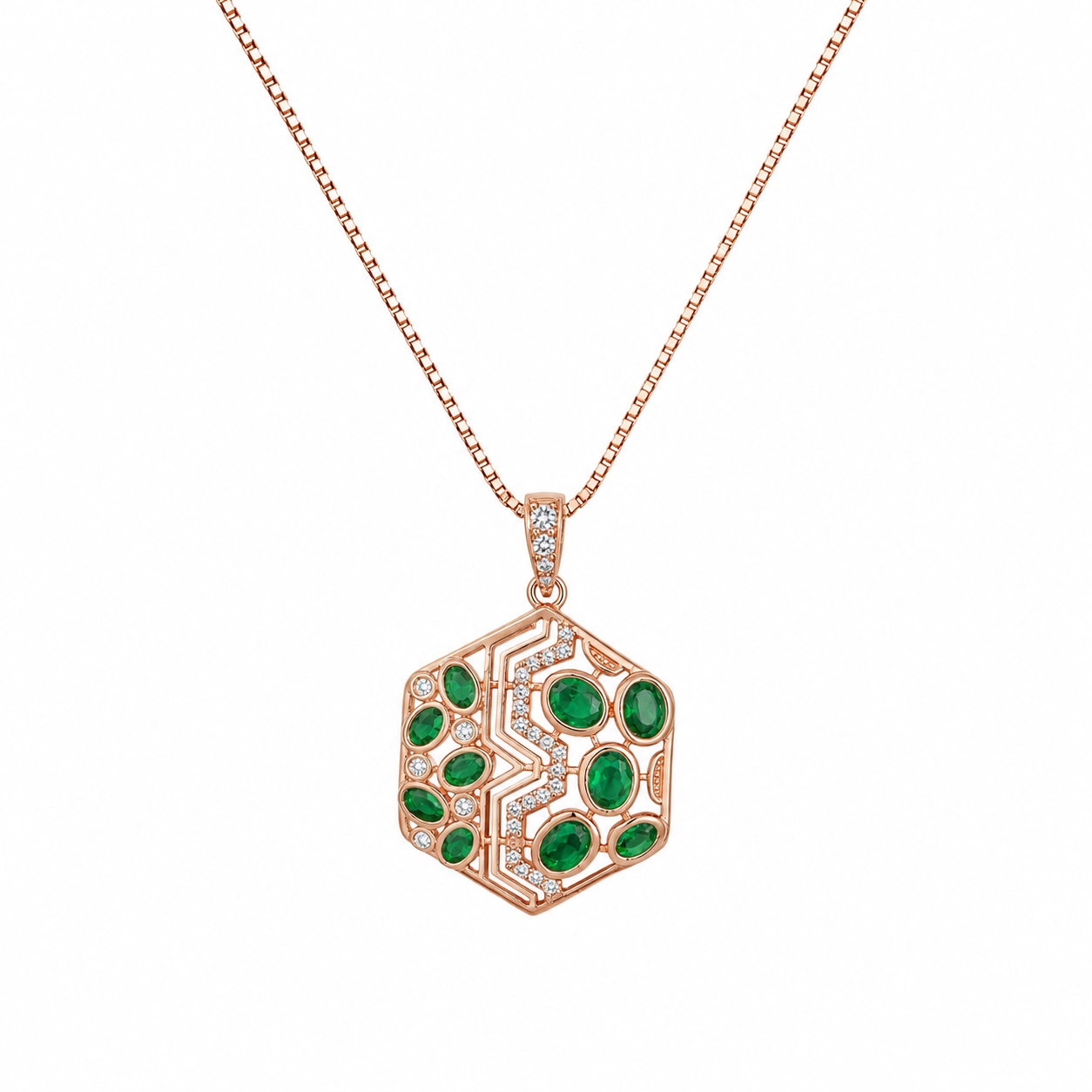 925 Sterling Silver Green Floral Medallion Pendant Necklace - Rose Gold Finish - front view