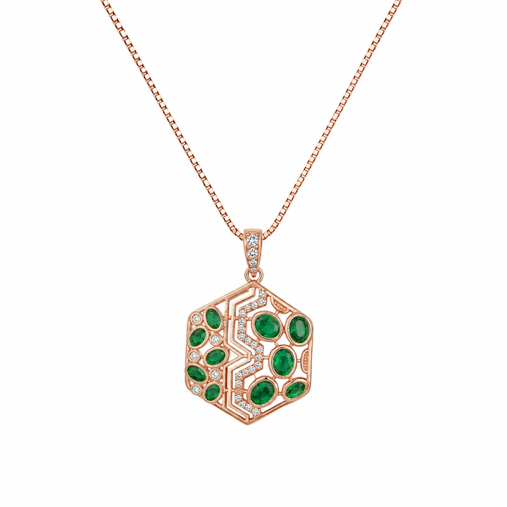 925 Sterling Silver Green Floral Medallion Pendant Necklace - Rose Gold Finish - front view