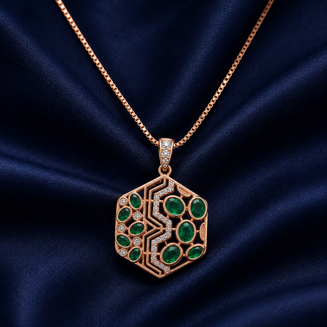 925 Sterling Silver Green Floral Medallion Pendant Necklace - Rose Gold Finish - alternate view